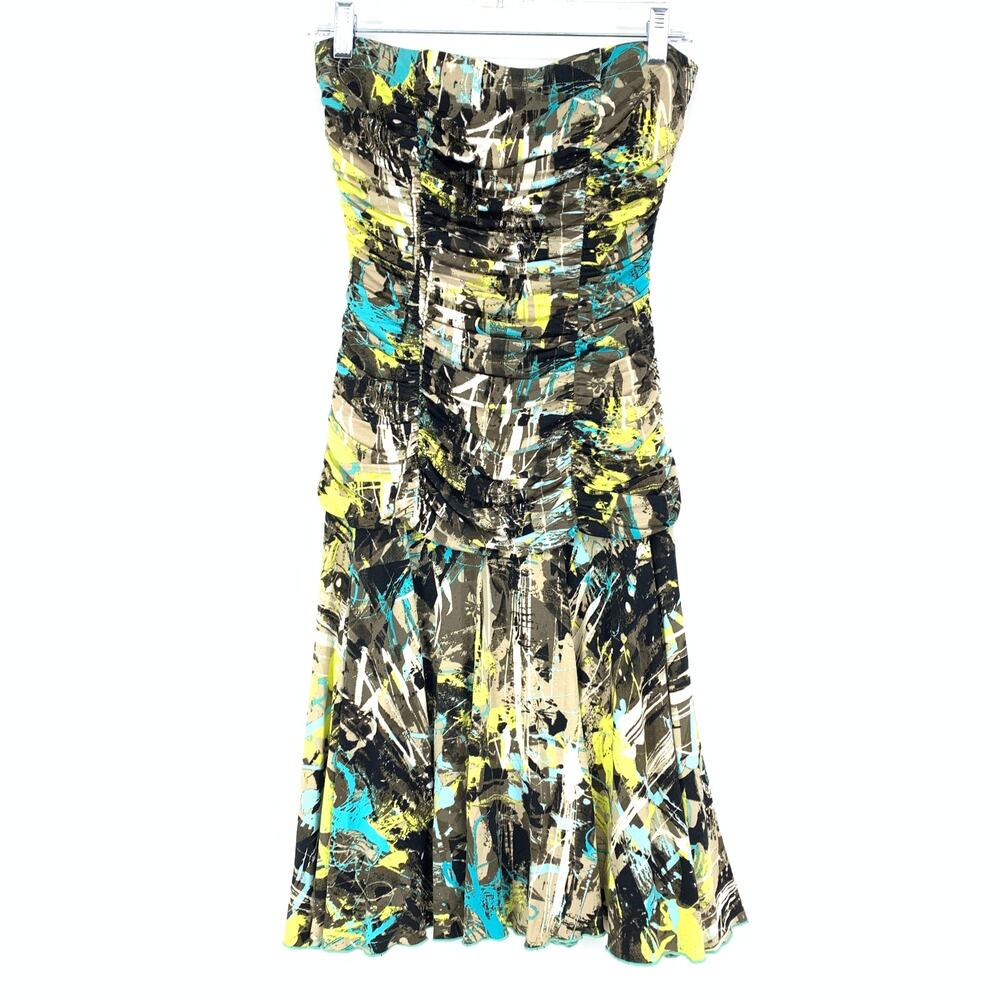 Joseph Ribkoff Dress Women's Size 2 Strapless Ruched Front Abstract Drop Waist